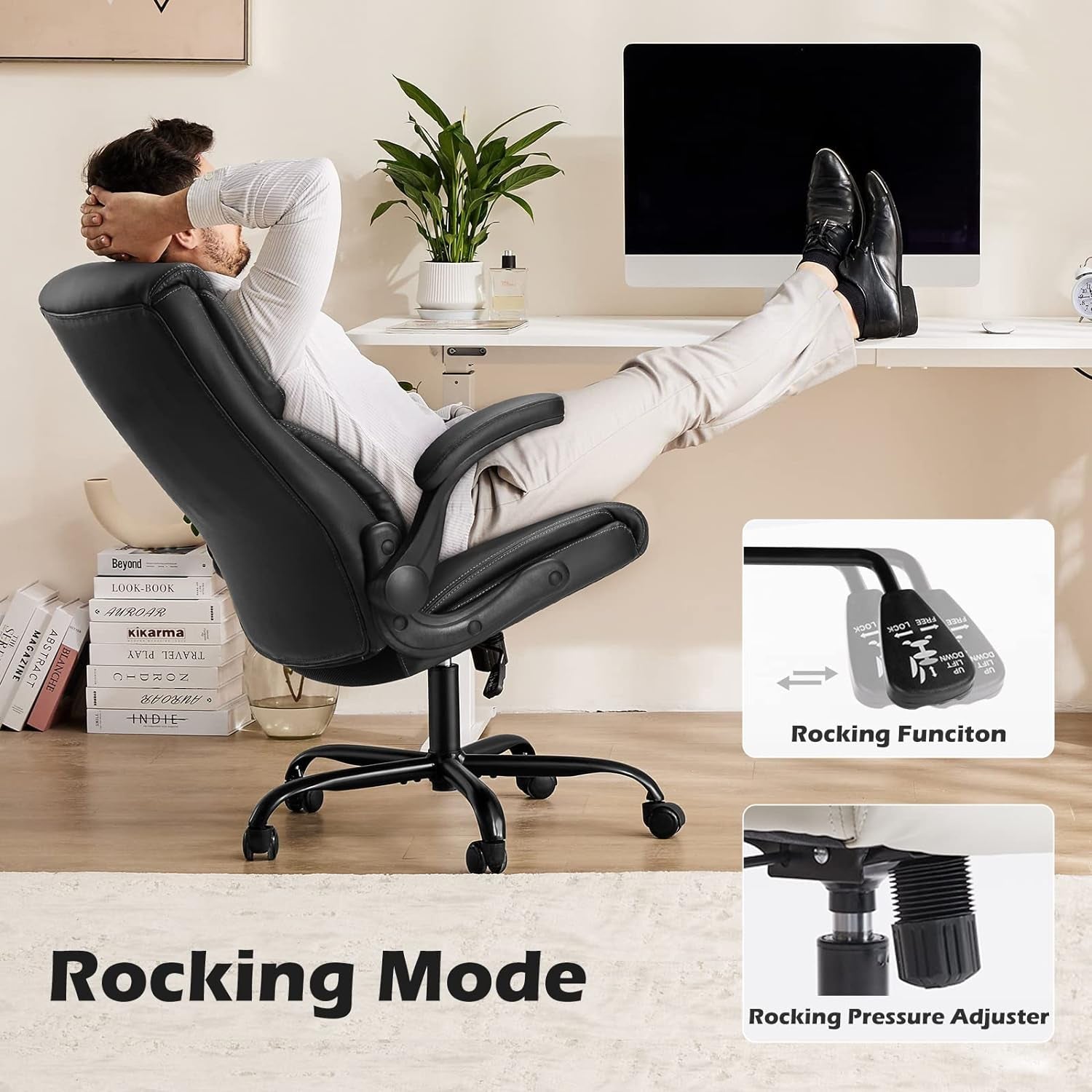 Office Chair - Ergonomic Executive Computer Desk Chairs with Adjustable Flip-Up Armrest, Swivel Task Chair with Lumbar Support, Strong Metal Base, PU Leather, Black-4
