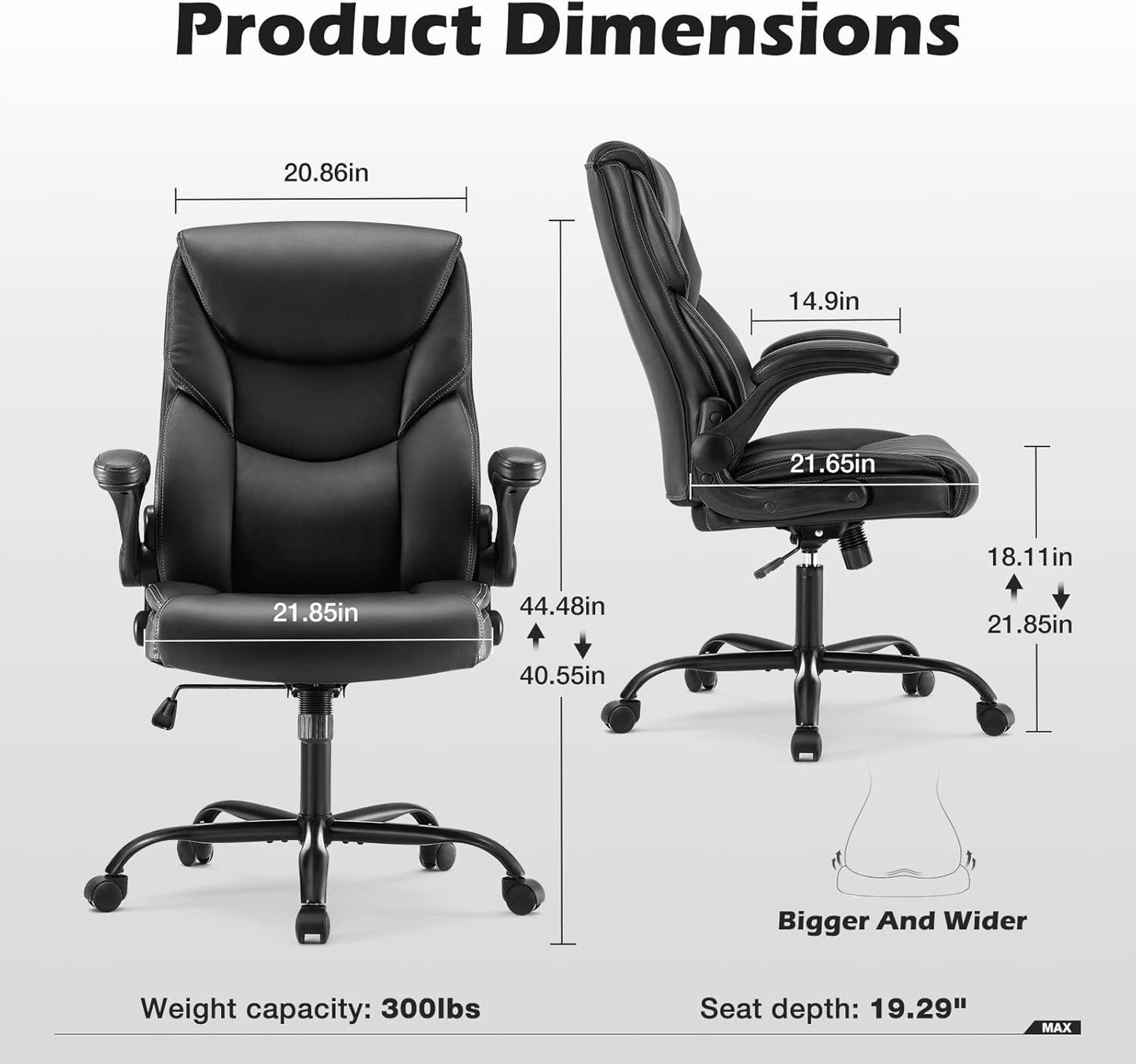 Office Chair - Ergonomic Executive Computer Desk Chairs with Adjustable Flip-Up Armrest, Swivel Task Chair with Lumbar Support, Strong Metal Base, PU Leather, Black-2
