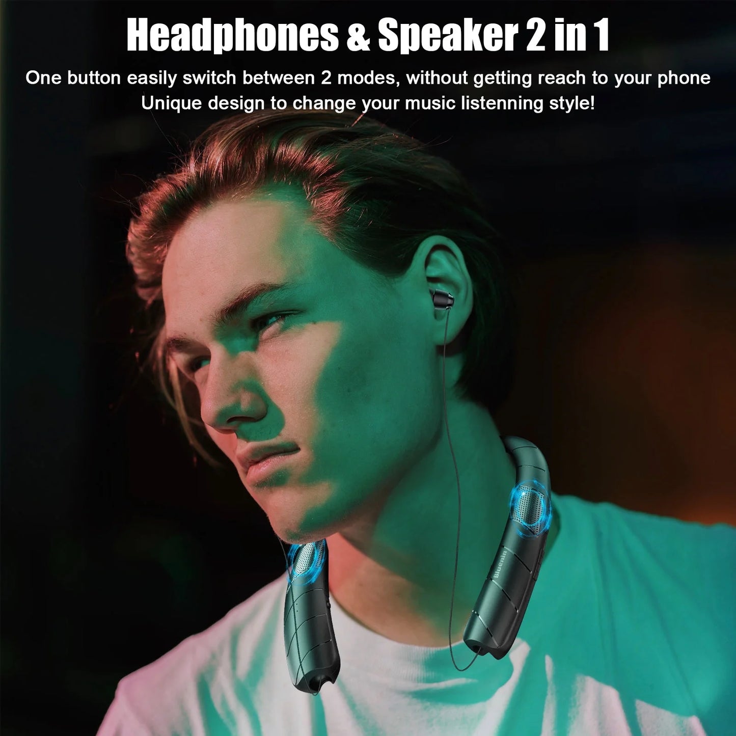 Bluetooth Headphones Speaker 2 in 1,  Wireless Headphones Neckband Wearable Speaker with CVC6.0 Noise Cancelling Mic, Retractable Earbuds Stereo Sound Sweatproof Headset with 48H Playtime, Black