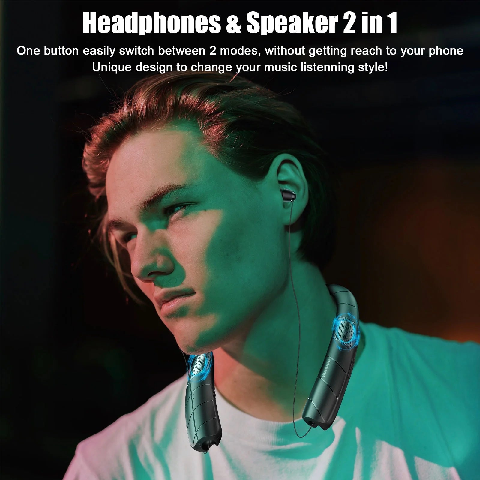 Bluetooth Headphones Speaker 2 in 1,  Wireless Headphones Neckband Wearable Speaker with CVC6.0 Noise Cancelling Mic, Retractable Earbuds Stereo Sound Sweatproof Headset with 48H Playtime, Black