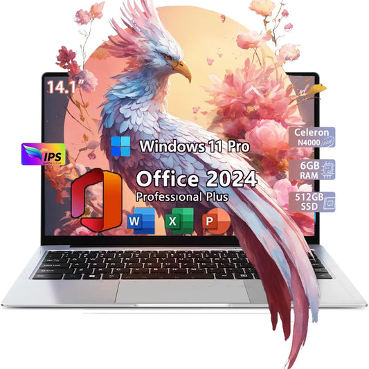 14.1 Inch Lightweight Business Laptop Computer Windows 11 Pro Office 2024 6GB RAM 512GB SSD FHD IPS Display Intel Celeron N4000 Work Laptop Back to School Essentials for Students (Silver)