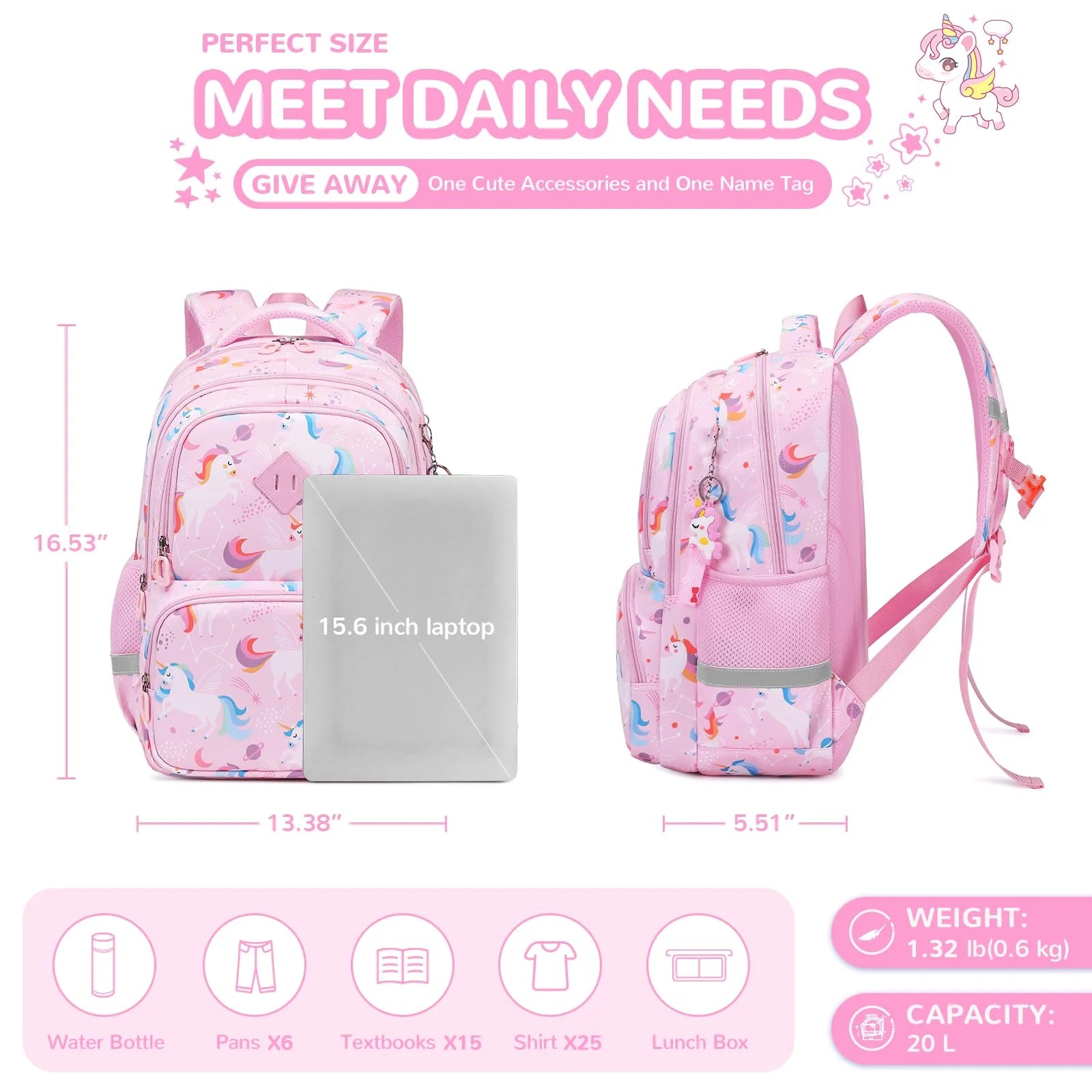 Backpacks Kawaii Printed Bookbags, Lightweight School Backpack, Waterproof Backpacks, Pink Unicorn