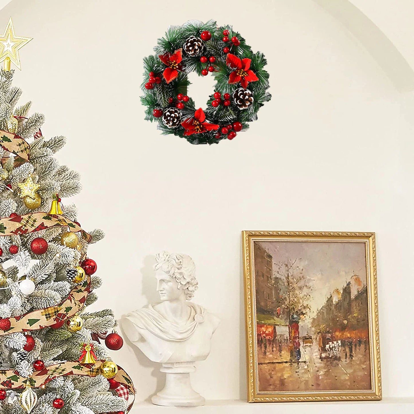 Christmas Wreaths for Front Door Thanksgiving Day Indoor Outdoor Home Decorative Wreath with Three Red Flowers Pine Cones Fruits Leaves