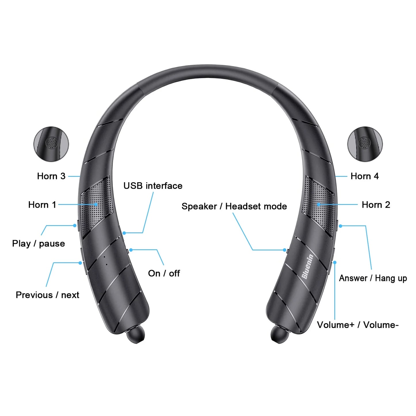 Bluetooth Headphones Speaker 2 in 1,  Wireless Headphones Neckband Wearable Speaker with CVC6.0 Noise Cancelling Mic, Retractable Earbuds Stereo Sound Sweatproof Headset with 48H Playtime, Black