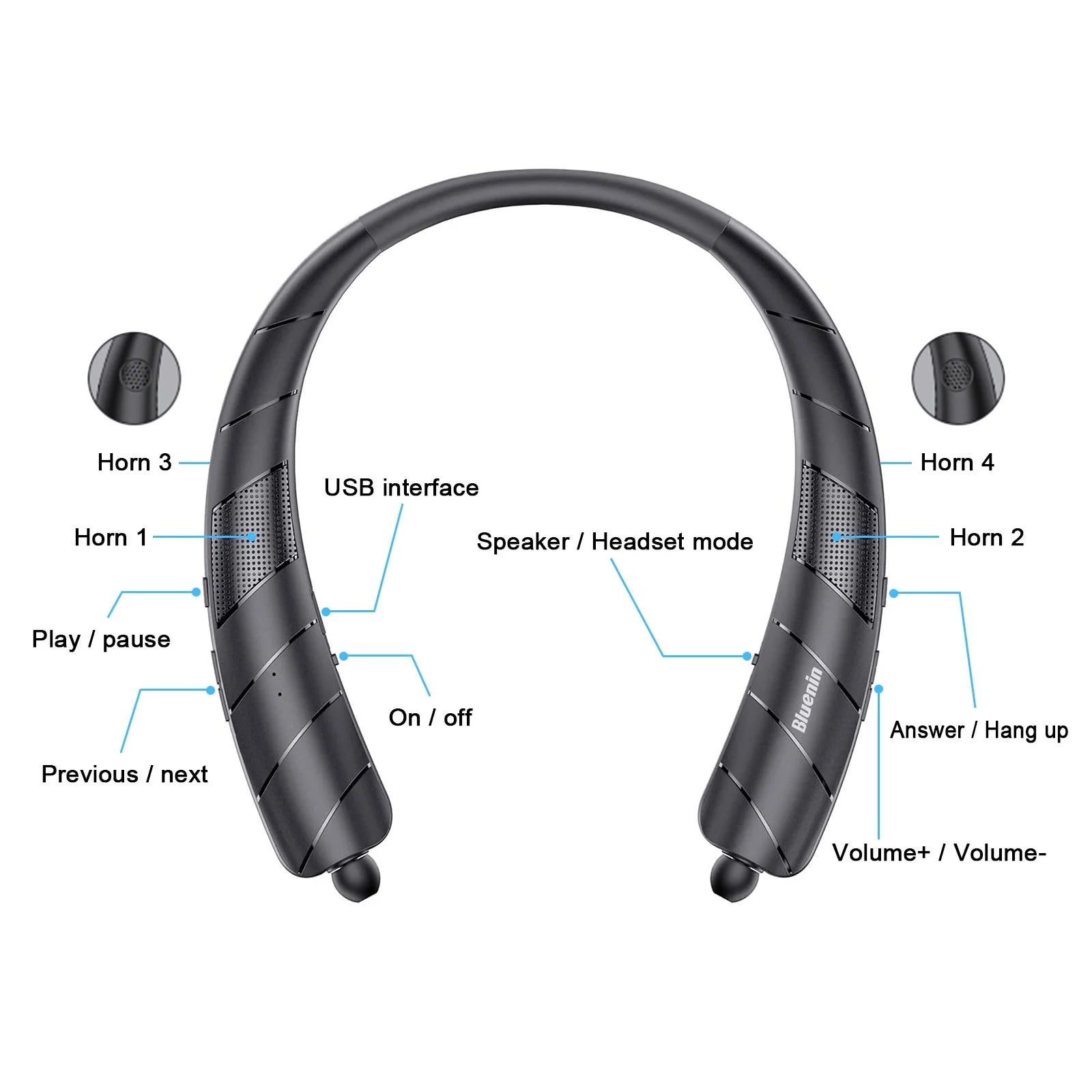 Bluetooth Headphones Speaker 2 in 1,  Wireless Headphones Neckband Wearable Speaker with CVC6.0 Noise Cancelling Mic, Retractable Earbuds Stereo Sound Sweatproof Headset with 48H Playtime, Black