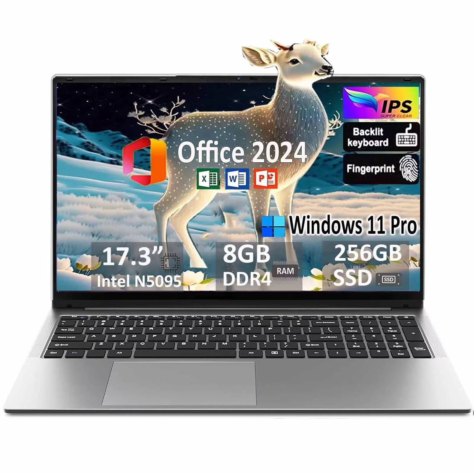 17.3" Business Laptop Windows 11 Pro Office 2024 Conference Webcam Type-C Backlit Keyboard Fingerprint Intel N5095 8GB RAM 256GB SSD Lightweight Laptop Computer
