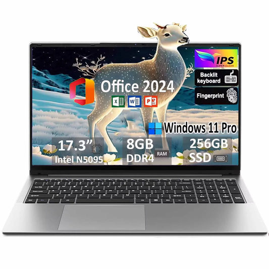 17.3" Business Laptop Windows 11 Pro Office 2024 Conference Webcam Type-C Backlit Keyboard Fingerprint Intel N5095 8GB RAM 256GB SSD Lightweight Laptop Computer