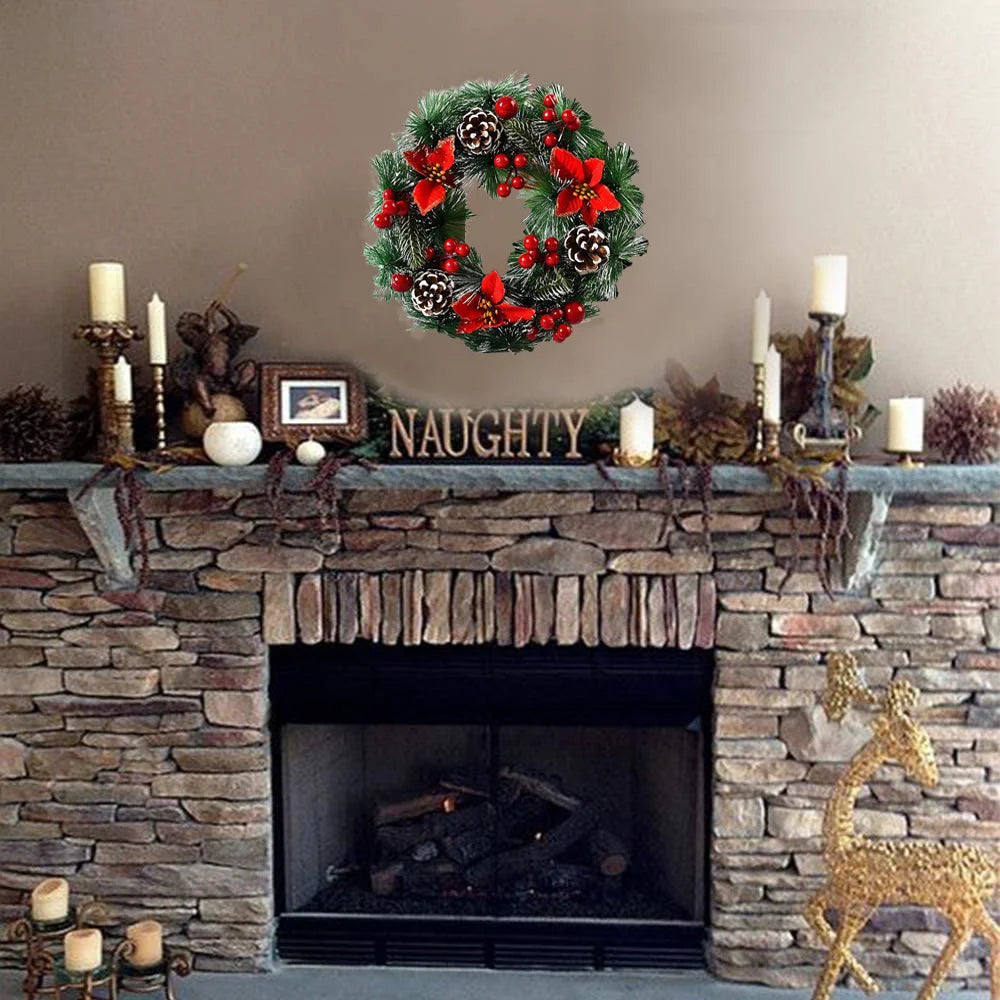 Christmas Wreaths for Front Door Thanksgiving Day Indoor Outdoor Home Decorative Wreath with Three Red Flowers Pine Cones Fruits Leaves