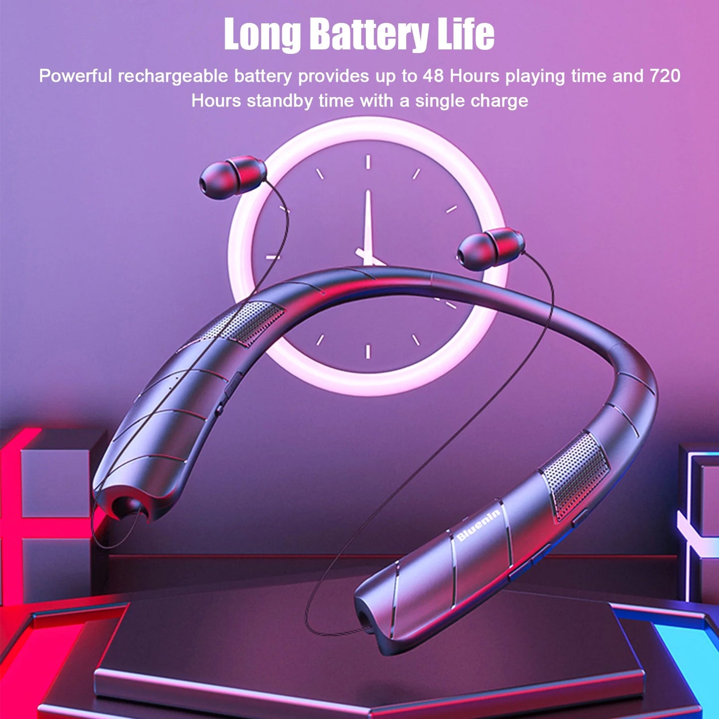 Bluetooth Headphones Speaker 2 in 1,  Wireless Headphones Neckband Wearable Speaker with CVC6.0 Noise Cancelling Mic, Retractable Earbuds Stereo Sound Sweatproof Headset with 48H Playtime, Black