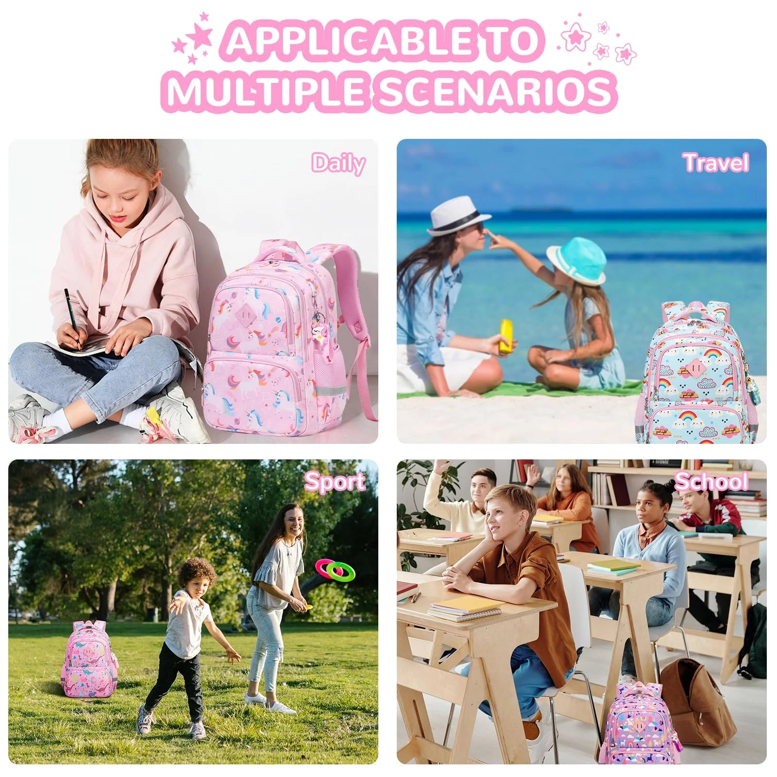 Backpacks Kawaii Printed Bookbags, Lightweight School Backpack, Waterproof Backpacks, Pink Unicorn
