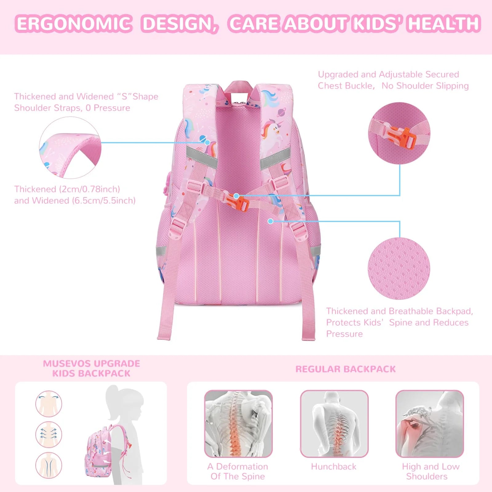 Backpacks Kawaii Printed Bookbags, Lightweight School Backpack, Waterproof Backpacks, Pink Unicorn