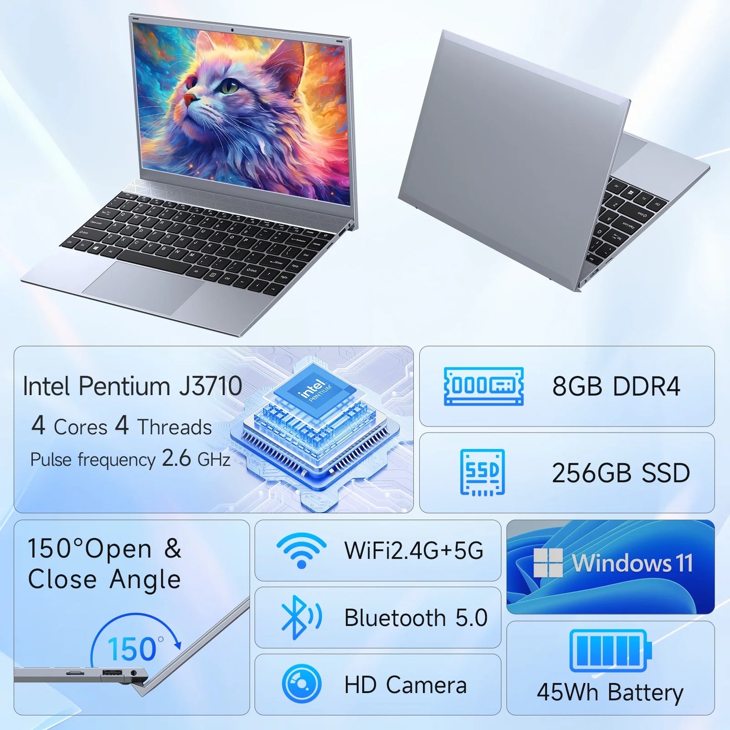 14.1 Inch Windows 11 Pro Business Laptop, 8GB RAM, 256GB SSD, up to 2.64 Ghz Intel Pentium J3710, 1920X1080 FHD Office 2024 Wifi 5 BT5.0, Sliver Gray
