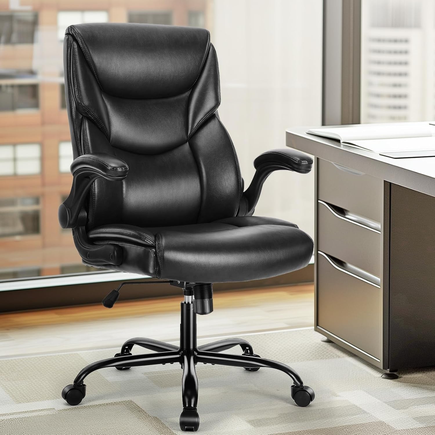 Office Chair - Ergonomic Executive Computer Desk Chairs with Adjustable Flip-Up Armrest, Swivel Task Chair with Lumbar Support, Strong Metal Base, PU Leather, Black-1