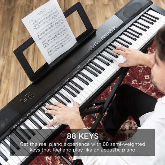 88-Key Full Size Digital Piano for All Player Levels W/ Semi-Weighted Keys, Stand, Pedal - Black