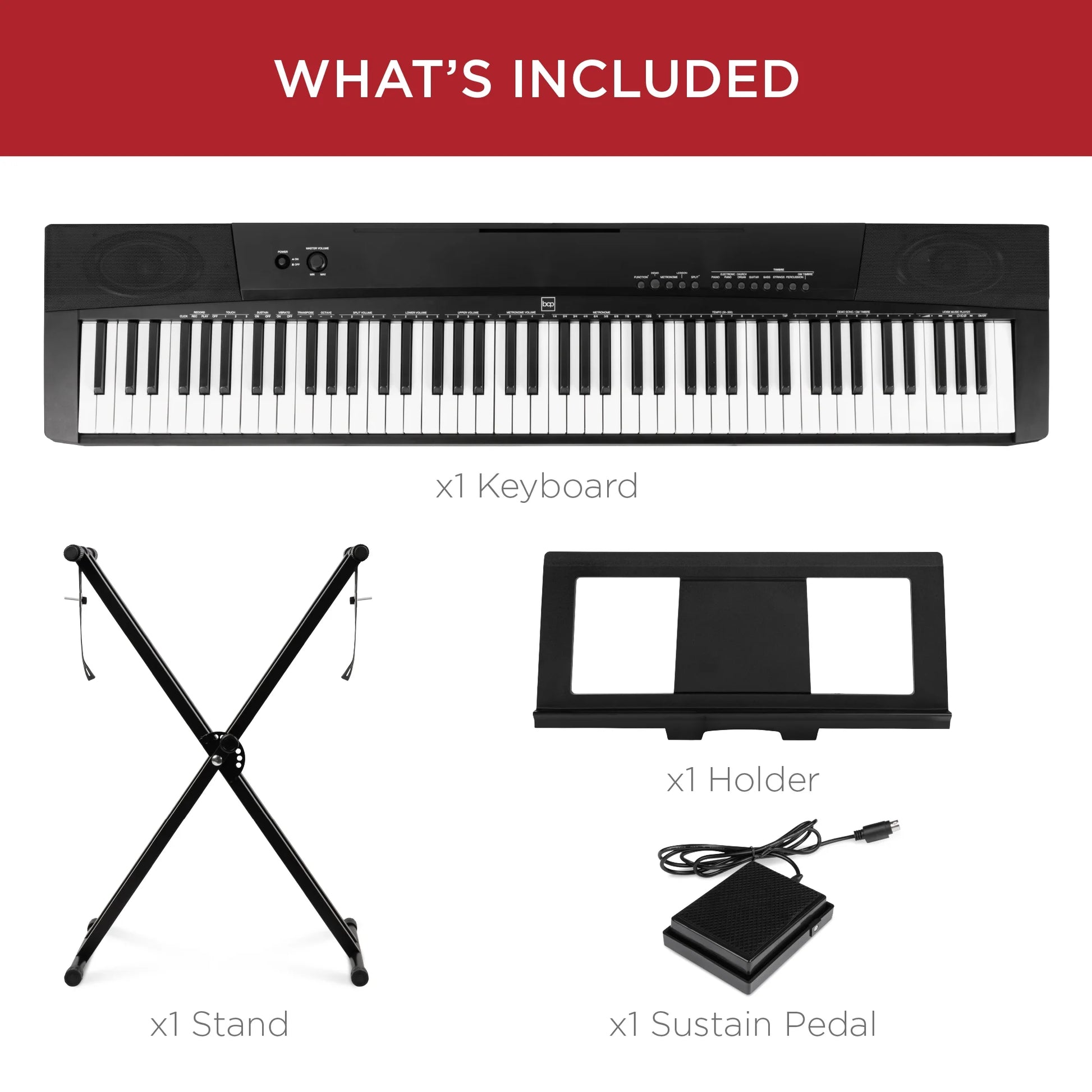 88-Key Full Size Digital Piano for All Player Levels W/ Semi-Weighted Keys, Stand, Pedal - Black