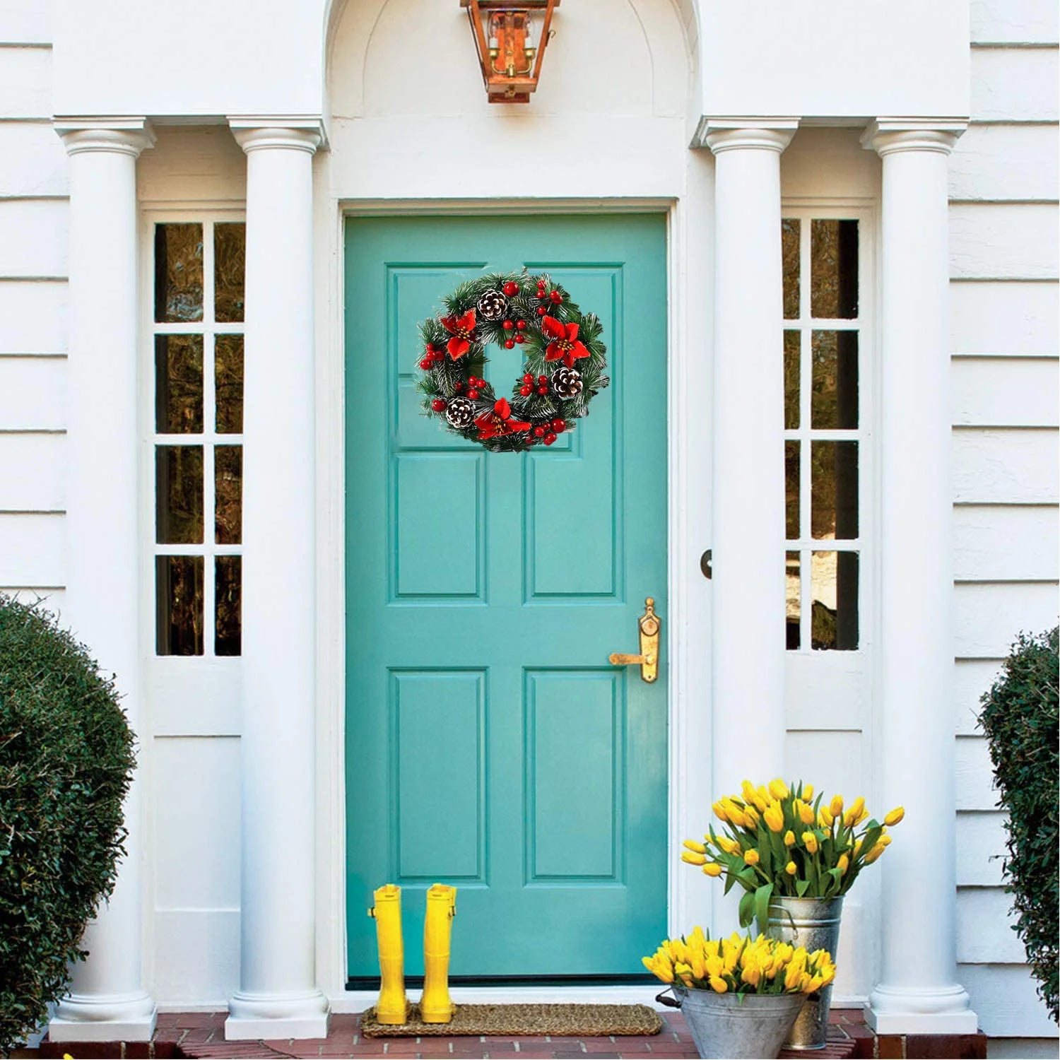 Christmas Wreaths for Front Door Thanksgiving Day Indoor Outdoor Home Decorative Wreath with Three Red Flowers Pine Cones Fruits Leaves