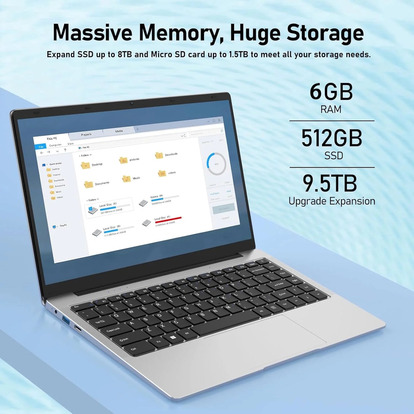 14.1 Inch Lightweight Business Laptop Computer Windows 11 Pro Office 2024 6GB RAM 512GB SSD FHD IPS Display Intel Celeron N4000 Work Laptop Back to School Essentials for Students (Silver)