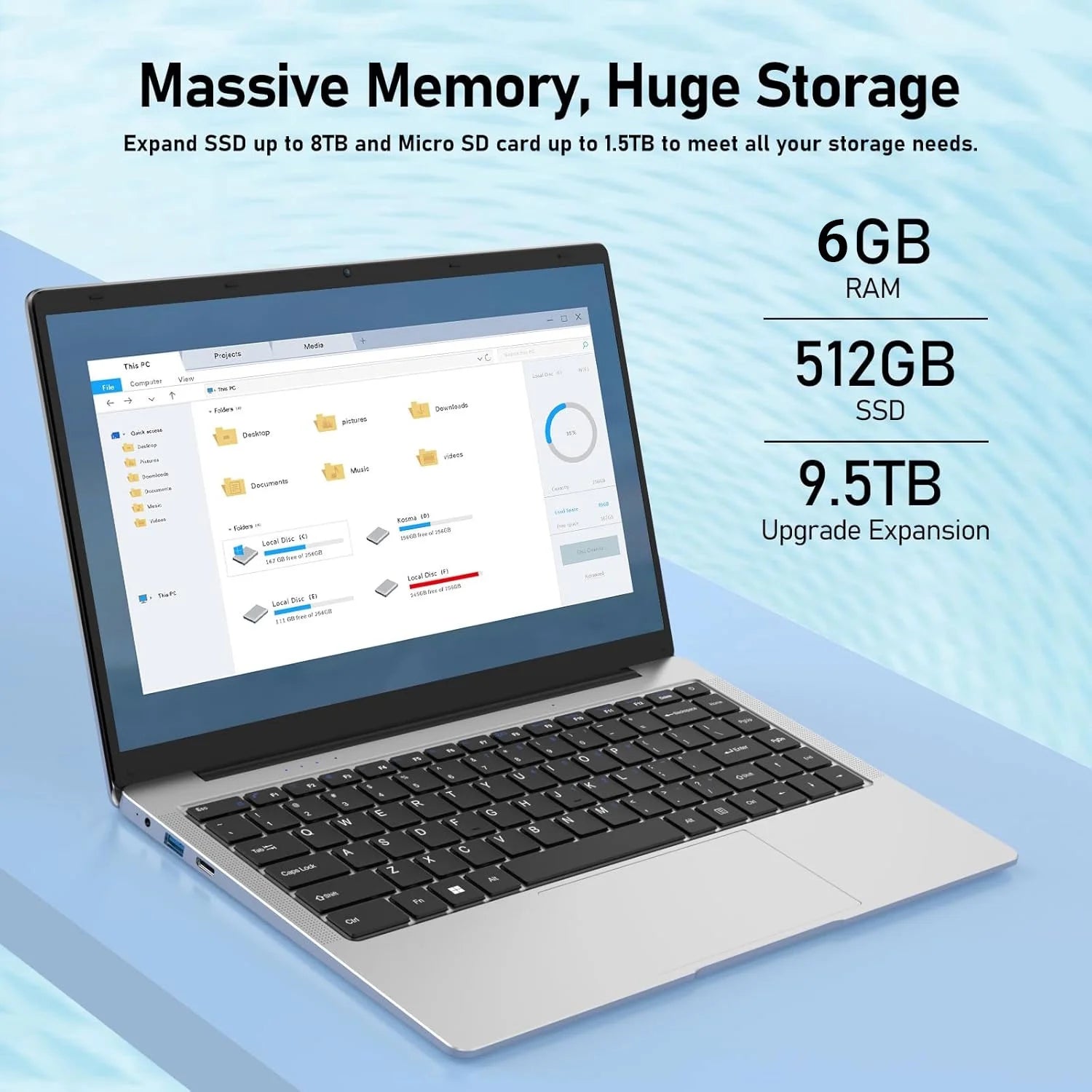 14.1 Inch Lightweight Business Laptop Computer Windows 11 Pro Office 2024 6GB RAM 512GB SSD FHD IPS Display Intel Celeron N4000 Work Laptop Back to School Essentials for Students (Silver)