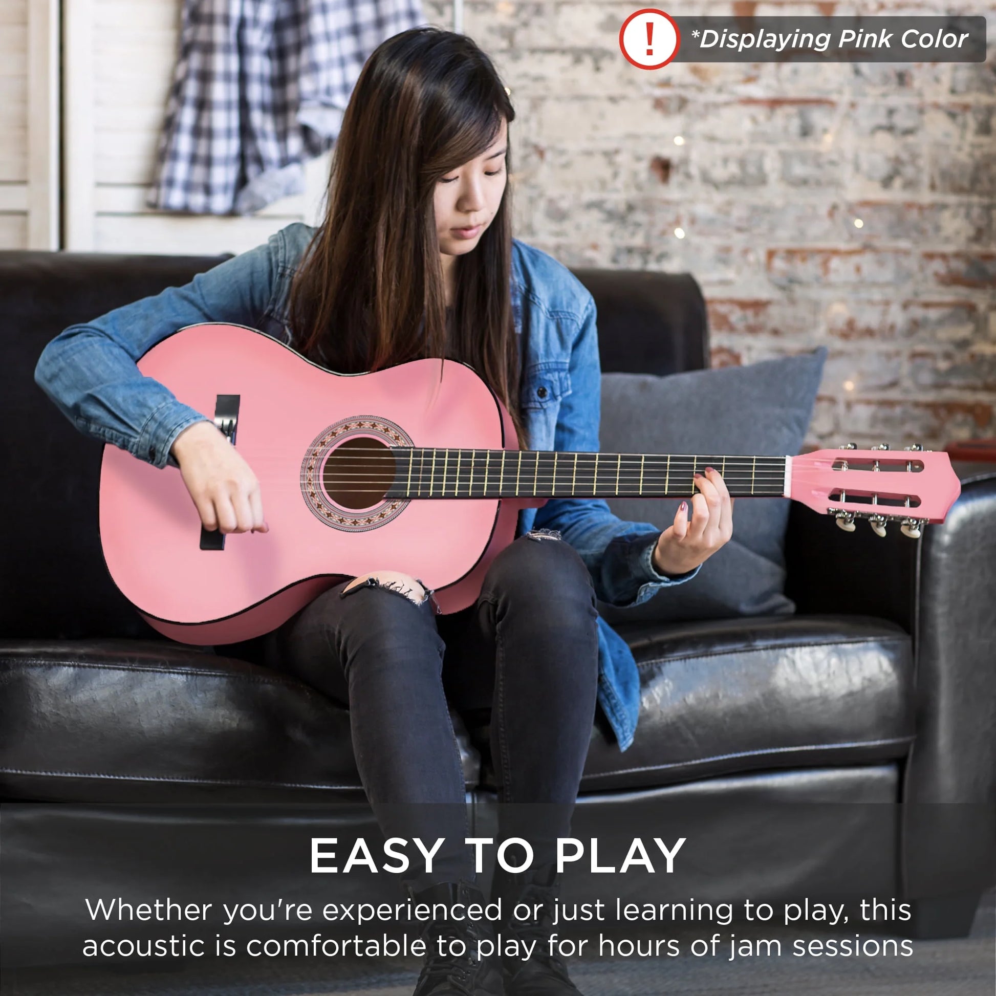 38In Beginner Acoustic Guitar Starter Kit W/ Gig Bag, Strap, Extra Strings - Black