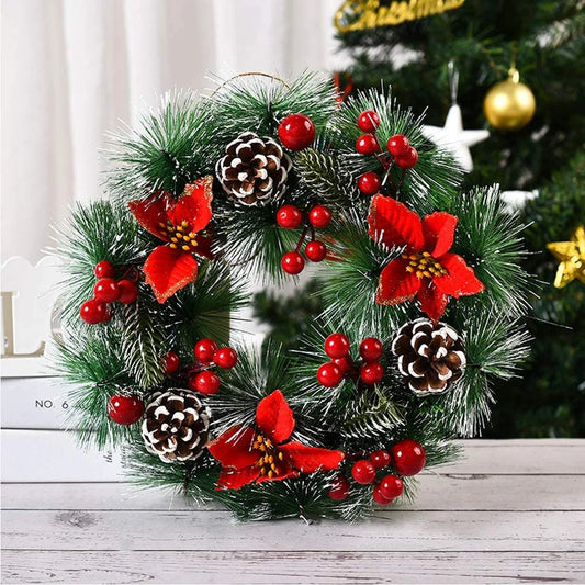 Christmas Wreaths for Front Door Thanksgiving Day Indoor Outdoor Home Decorative Wreath with Three Red Flowers Pine Cones Fruits Leaves
