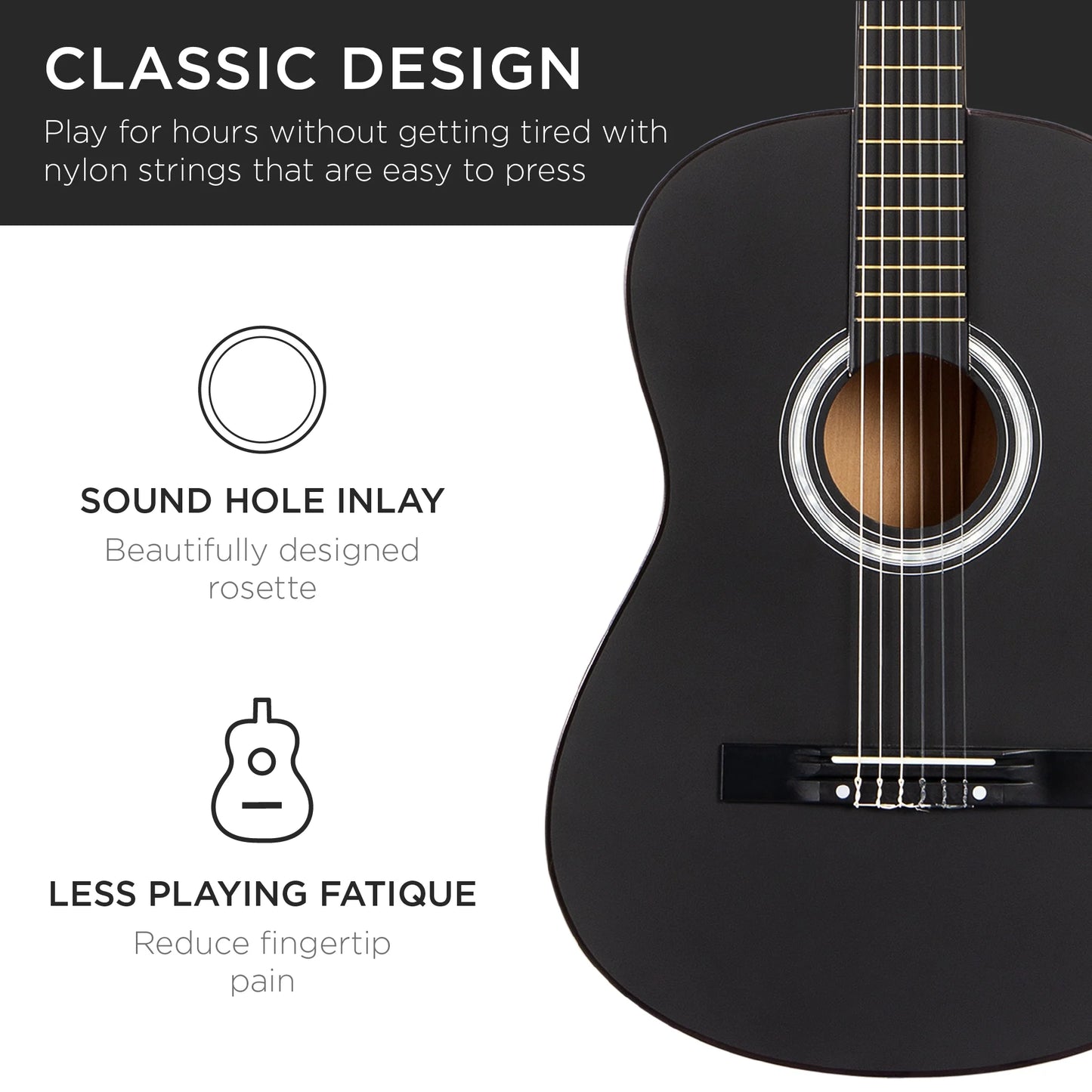 38In Beginner Acoustic Guitar Starter Kit W/ Gig Bag, Strap, Extra Strings - Black