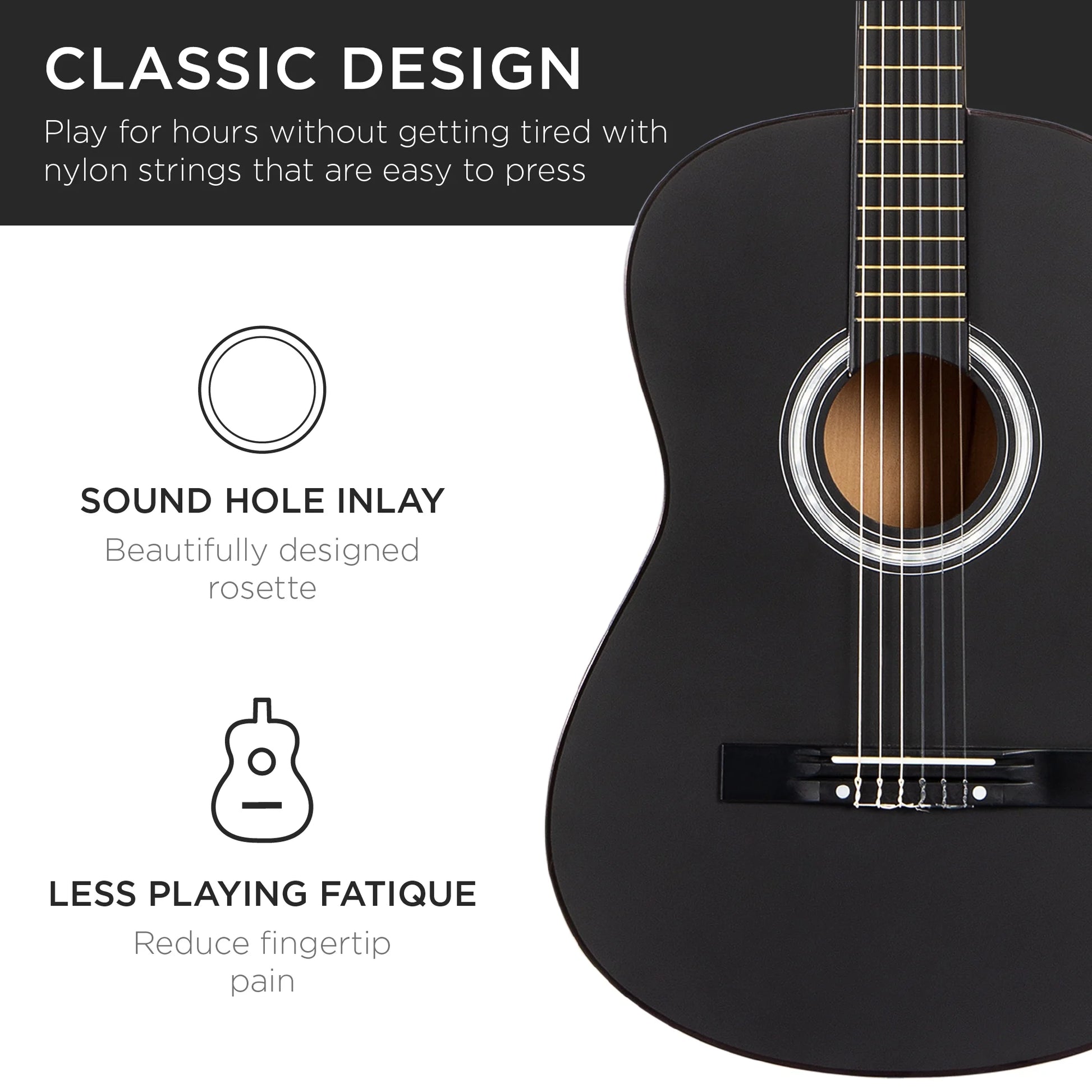 38In Beginner Acoustic Guitar Starter Kit W/ Gig Bag, Strap, Extra Strings - Black