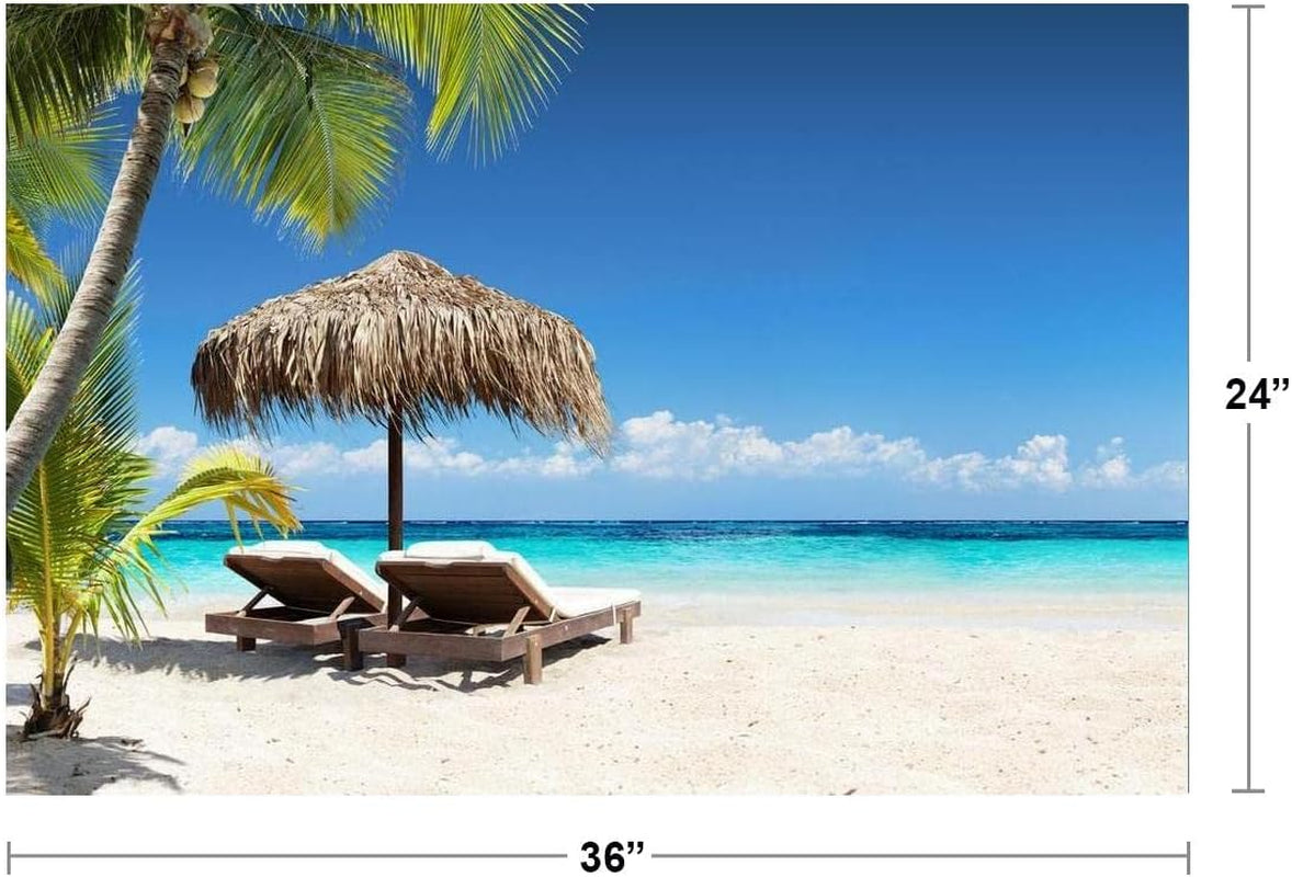 Beach Art Wall Decor Coral Beach Sand Sea Palapa Tropical Palm Tree Photo Sunset Landscape Pictures Ocean Scenic Scenery Nature Photography Paradise Cool Wall Art Print Poster 36X24