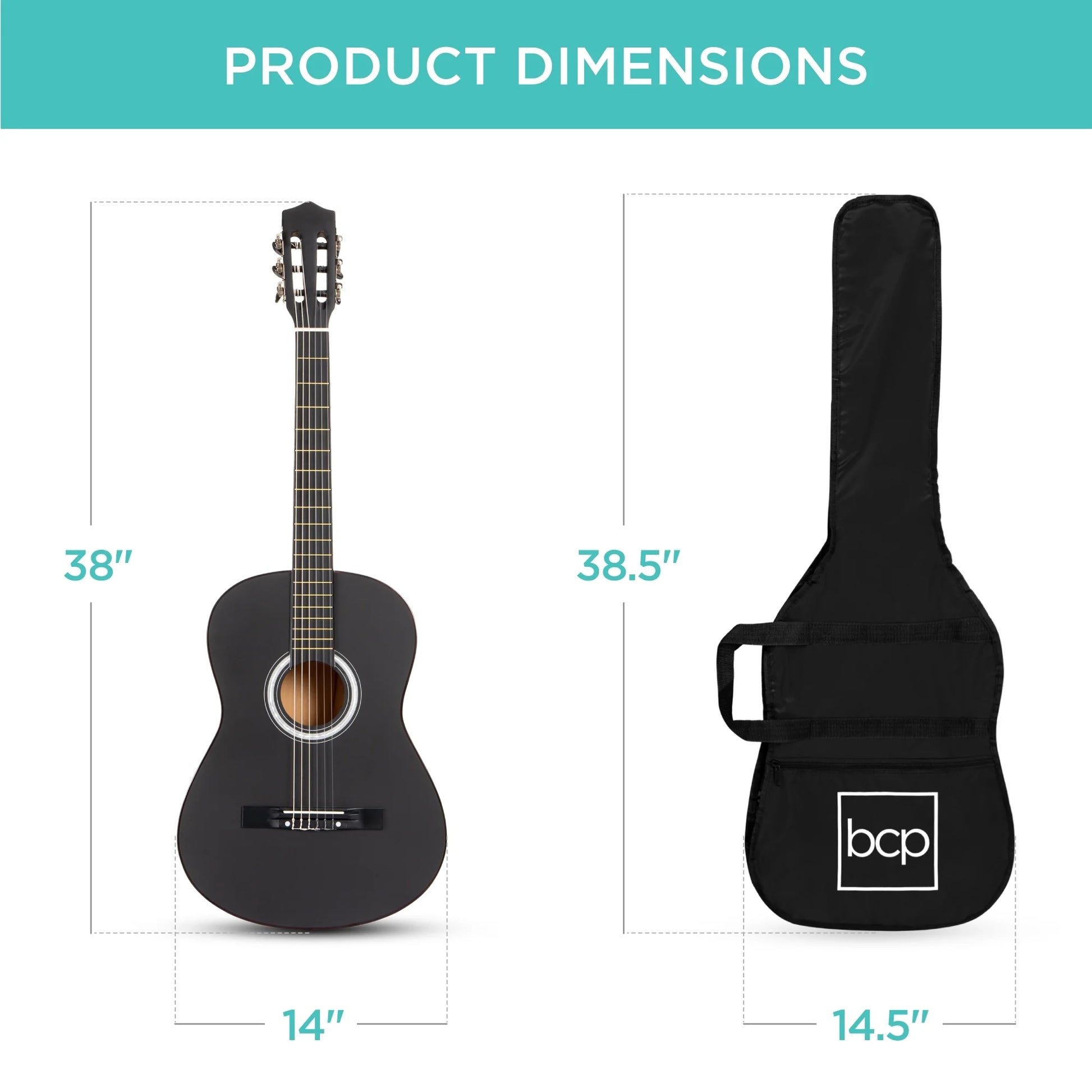 38In Beginner Acoustic Guitar Starter Kit W/ Gig Bag, Strap, Extra Strings - Black