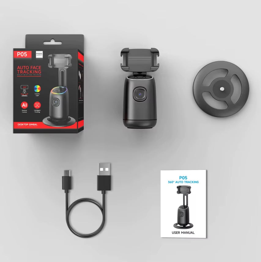 P05 AI Intelligent Tracker 360 Degree Rotation Portable Ai Face Tracking Tripod with Dual Cold Shoe Ports