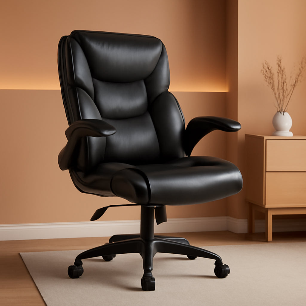 Office Chair - Ergonomic Executive Computer Desk Chairs with Adjustable Flip-Up Armrest, Swivel Task Chair with Lumbar Support, Strong Metal Base, PU Leather, Black-0