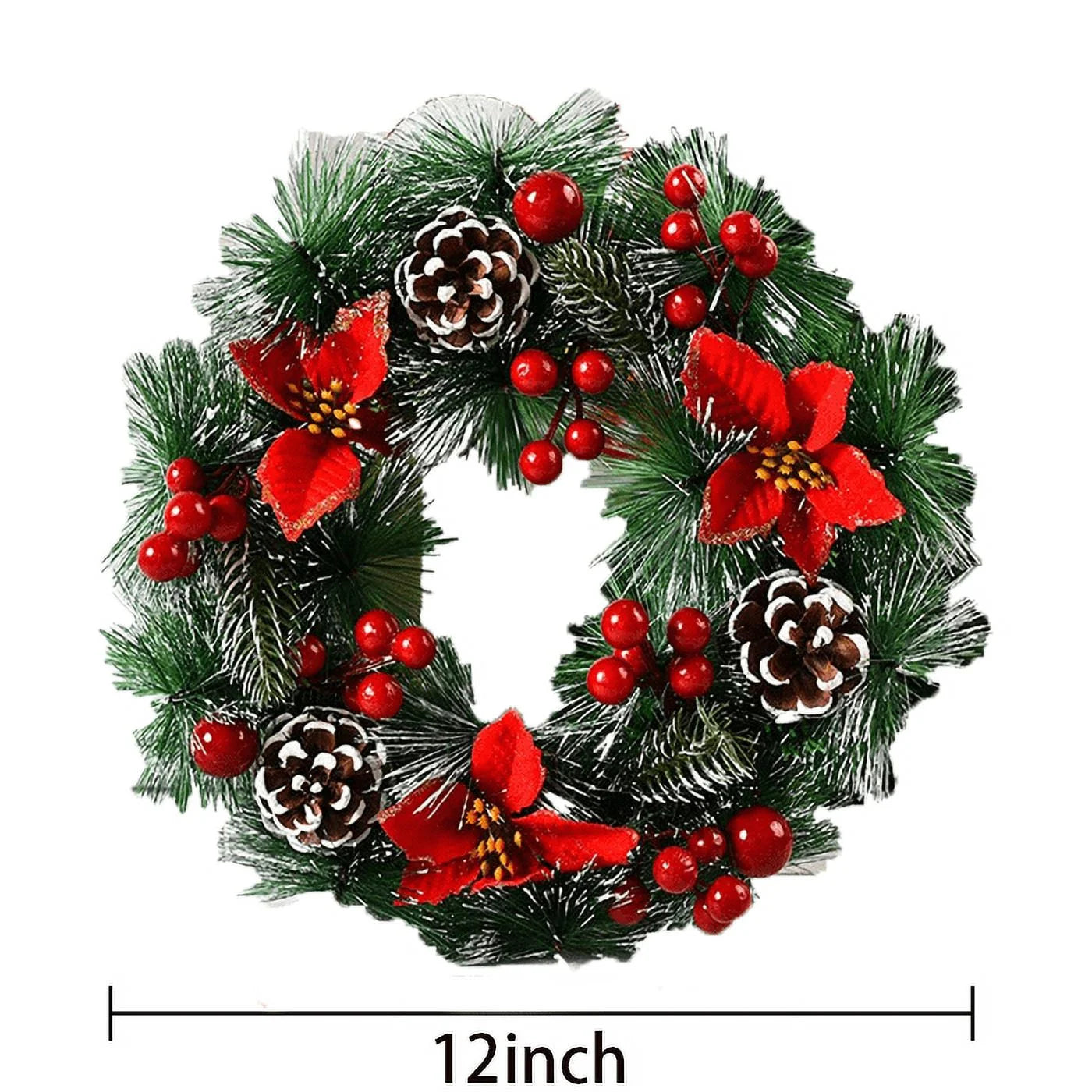 Christmas Wreaths for Front Door Thanksgiving Day Indoor Outdoor Home Decorative Wreath with Three Red Flowers Pine Cones Fruits Leaves