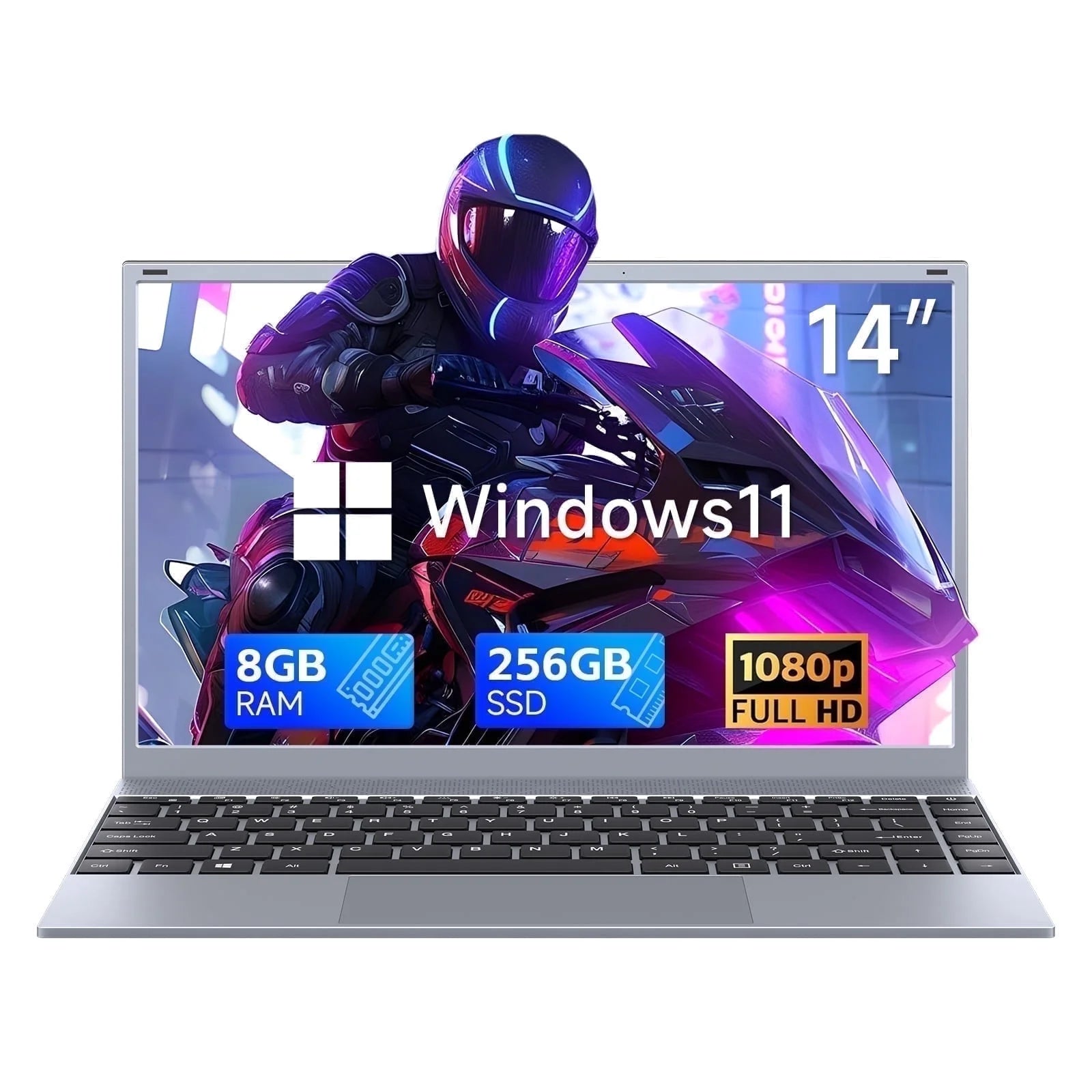 14.1 Inch Windows 11 Pro Business Laptop, 8GB RAM, 256GB SSD, up to 2.64 Ghz Intel Pentium J3710, 1920X1080 FHD Office 2024 Wifi 5 BT5.0, Sliver Gray