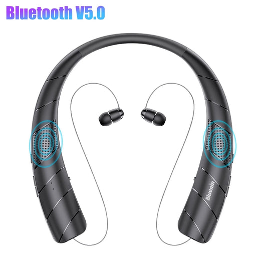 Bluetooth Headphones Speaker 2 in 1,  Wireless Headphones Neckband Wearable Speaker with CVC6.0 Noise Cancelling Mic, Retractable Earbuds Stereo Sound Sweatproof Headset with 48H Playtime, Black
