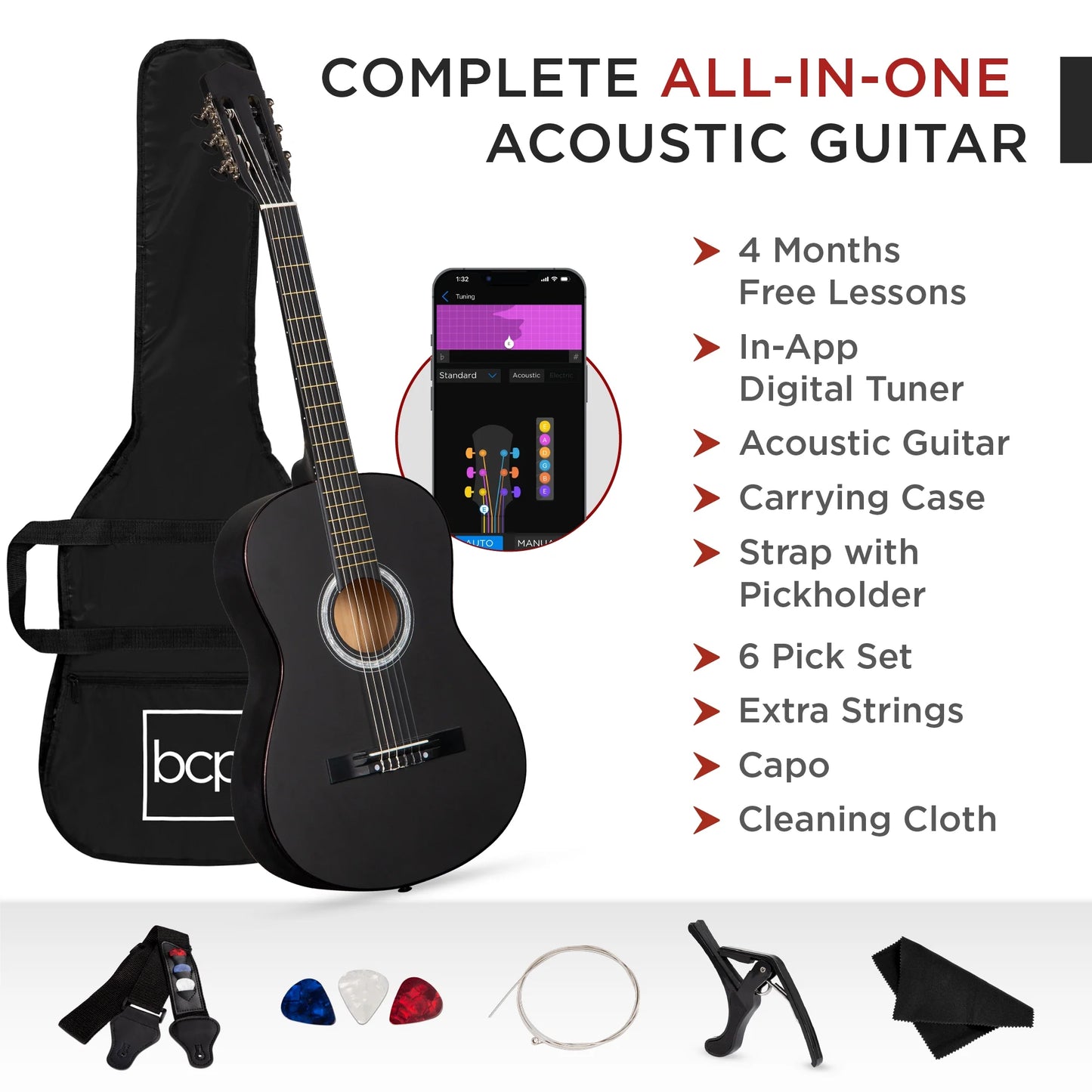 38In Beginner Acoustic Guitar Starter Kit W/ Gig Bag, Strap, Extra Strings - Black