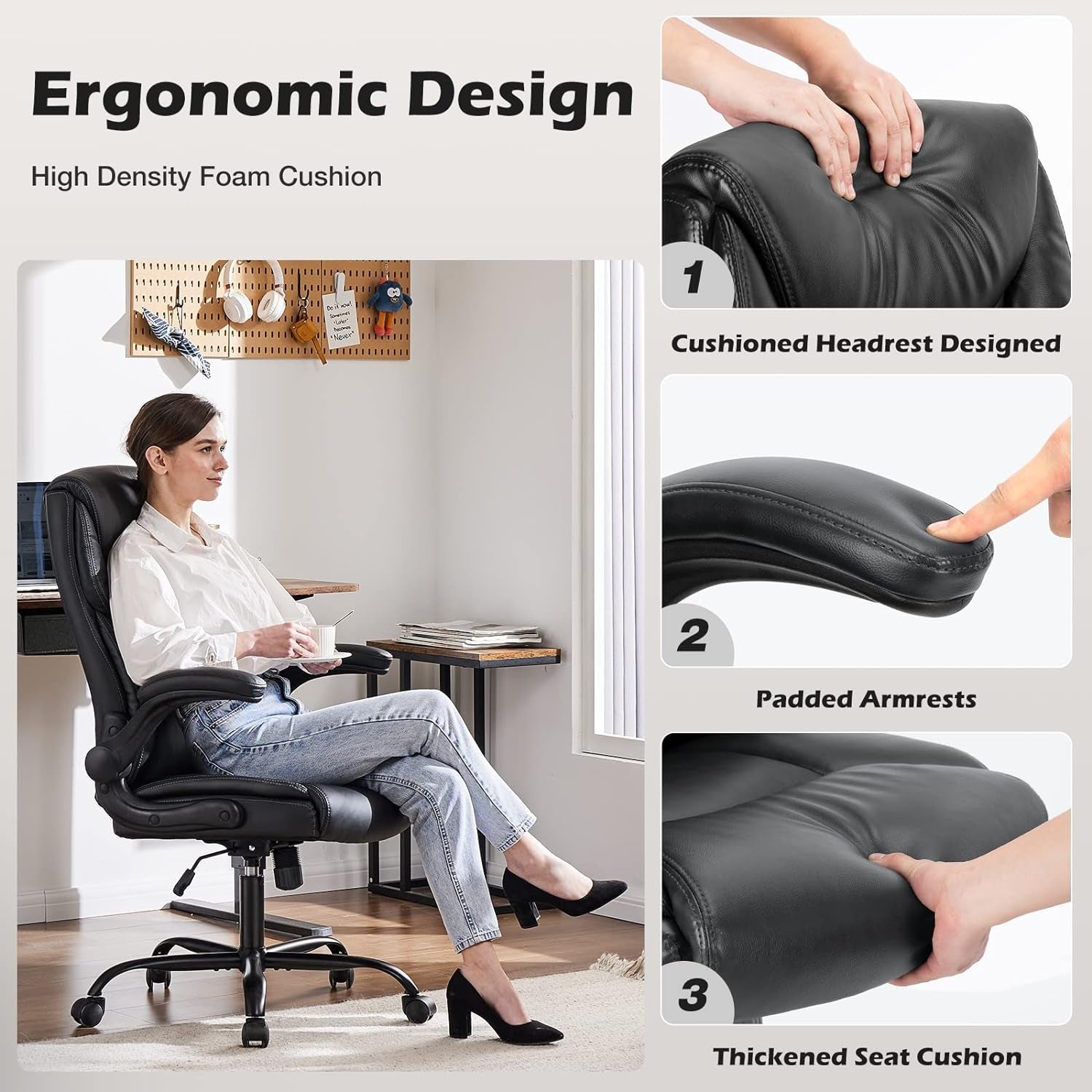 Office Chair - Ergonomic Executive Computer Desk Chairs with Adjustable Flip-Up Armrest, Swivel Task Chair with Lumbar Support, Strong Metal Base, PU Leather, Black-3