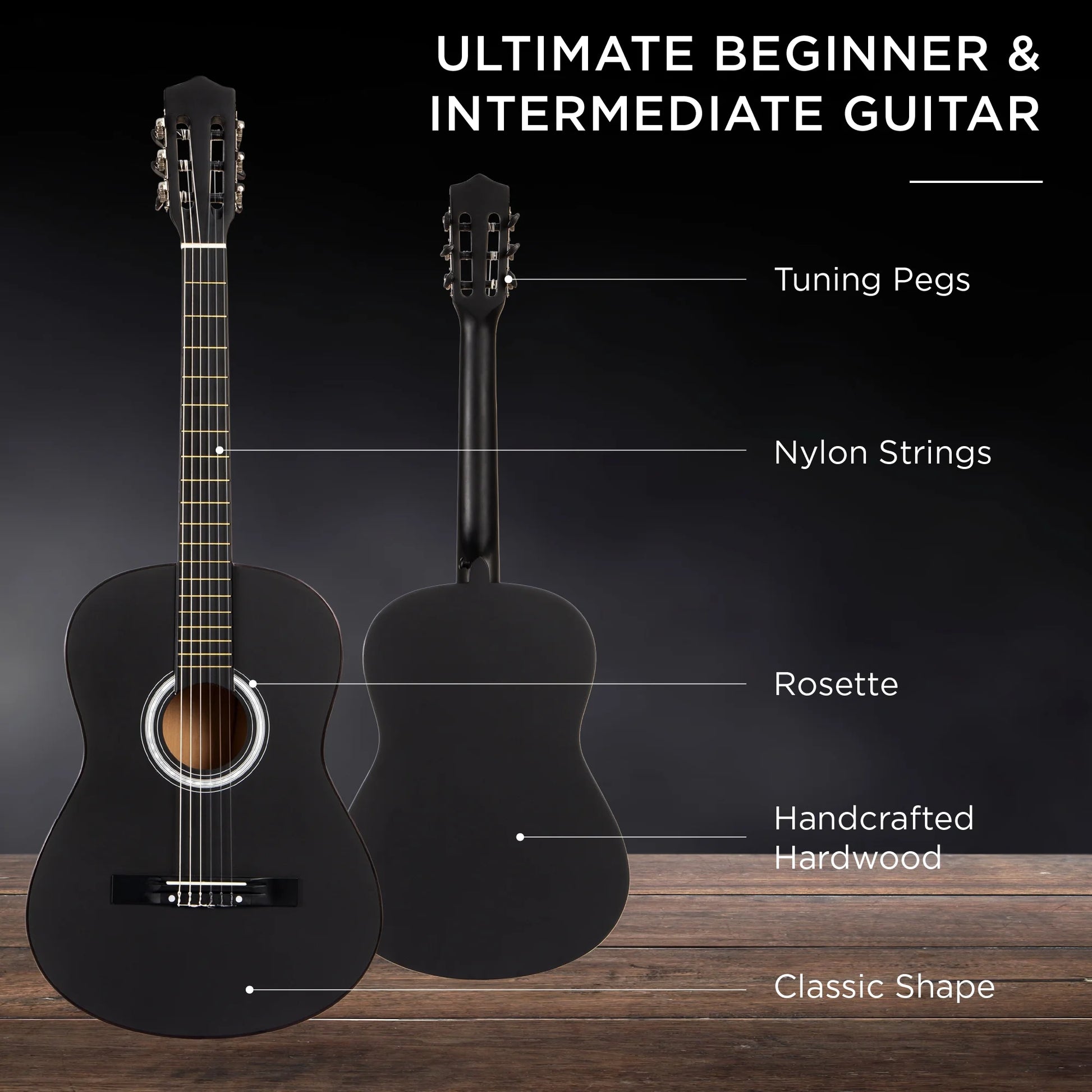 38In Beginner Acoustic Guitar Starter Kit W/ Gig Bag, Strap, Extra Strings - Black
