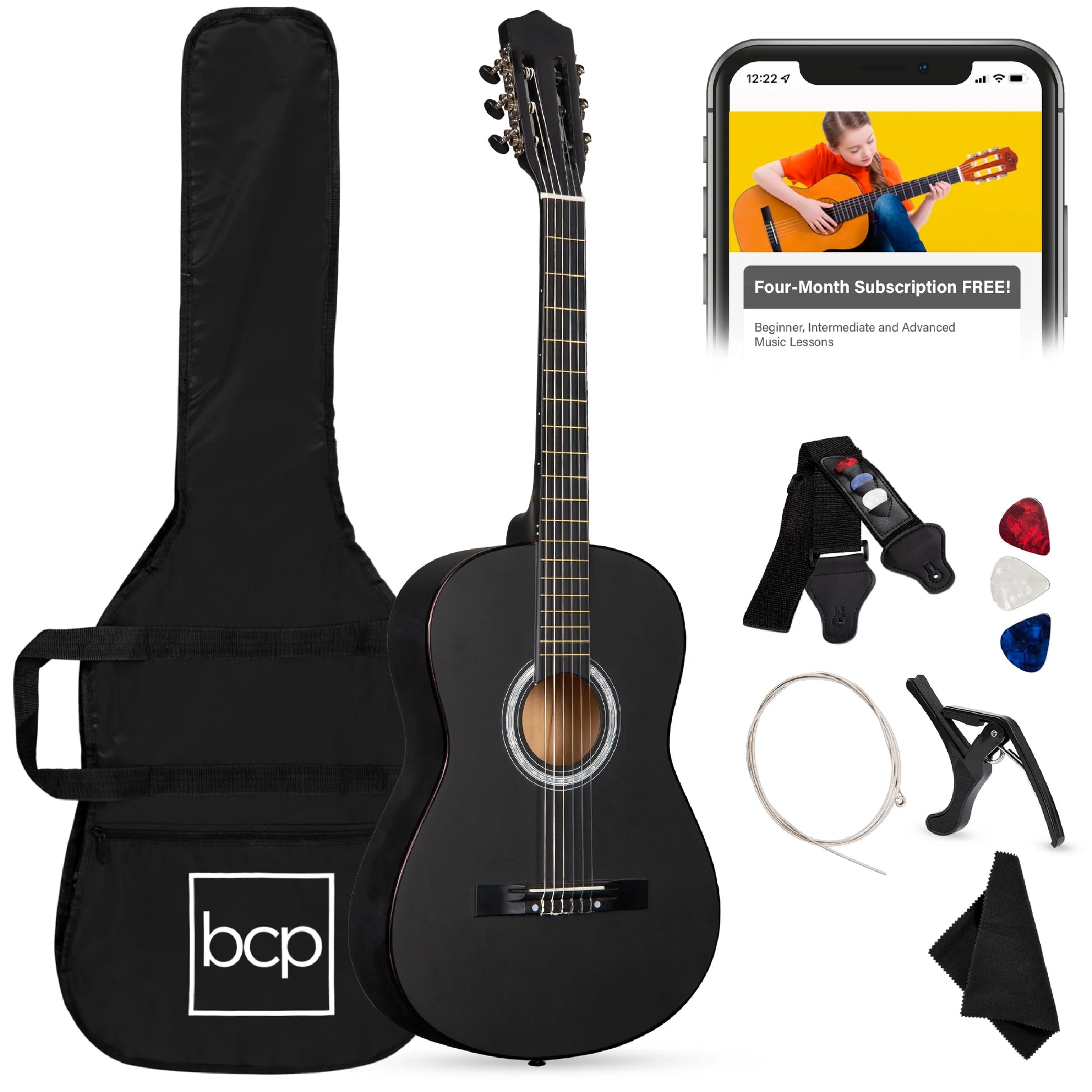 38In Beginner Acoustic Guitar Starter Kit W/ Gig Bag, Strap, Extra Strings - Black