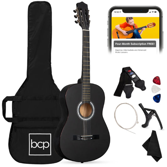 38In Beginner Acoustic Guitar Starter Kit W/ Gig Bag, Strap, Extra Strings - Black