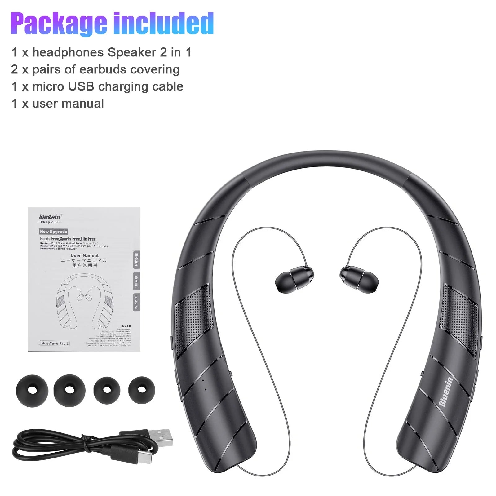 Bluetooth Headphones Speaker 2 in 1,  Wireless Headphones Neckband Wearable Speaker with CVC6.0 Noise Cancelling Mic, Retractable Earbuds Stereo Sound Sweatproof Headset with 48H Playtime, Black