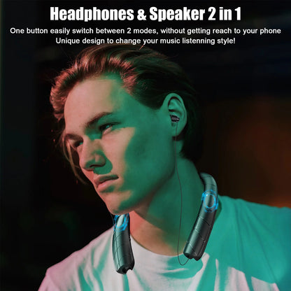 Bluetooth Headphones Speaker 2 in 1,  Wireless Headphones Neckband Wearable Speaker with CVC6.0 Noise Cancelling Mic, Retractable Earbuds Stereo Sound Sweatproof Headset with 48H Playtime, Black