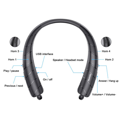 Bluetooth Headphones Speaker 2 in 1,  Wireless Headphones Neckband Wearable Speaker with CVC6.0 Noise Cancelling Mic, Retractable Earbuds Stereo Sound Sweatproof Headset with 48H Playtime, Black