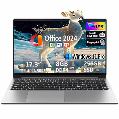 17.3" Business Laptop Windows 11 Pro Office 2024 Conference Webcam Type-C Backlit Keyboard Fingerprint Intel N5095 8GB RAM 256GB SSD Lightweight Laptop Computer