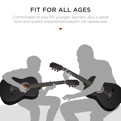 38In Beginner Acoustic Guitar Starter Kit W/ Gig Bag, Strap, Extra Strings - Black