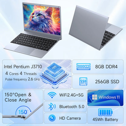 14.1 Inch Windows 11 Pro Business Laptop, 8GB RAM, 256GB SSD, up to 2.64 Ghz Intel Pentium J3710, 1920X1080 FHD Office 2024 Wifi 5 BT5.0, Sliver Gray