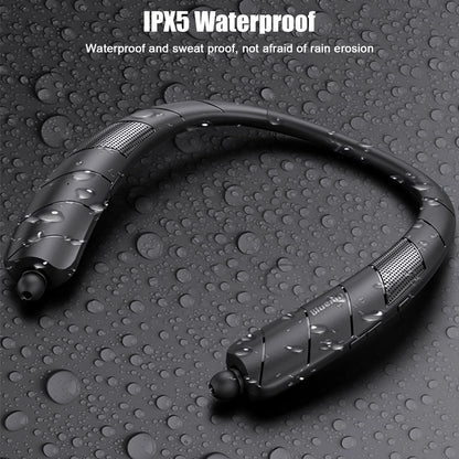 Bluetooth Headphones Speaker 2 in 1,  Wireless Headphones Neckband Wearable Speaker with CVC6.0 Noise Cancelling Mic, Retractable Earbuds Stereo Sound Sweatproof Headset with 48H Playtime, Black