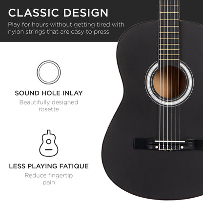 38In Beginner Acoustic Guitar Starter Kit W/ Gig Bag, Strap, Extra Strings - Black