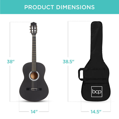 38In Beginner Acoustic Guitar Starter Kit W/ Gig Bag, Strap, Extra Strings - Black